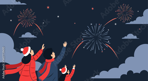 Family Enjoys Festive Fireworks Display Celebrating Holiday Together In Winter Night