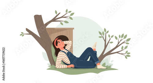 Dreamy Daydreaming Girl Relaxing Under Tree Thinking About Future Plans