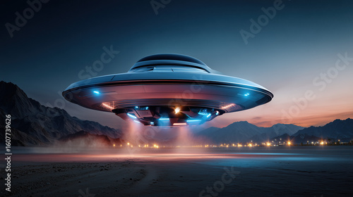 Wallpaper Mural A futuristic spaceship hovers in the sky above a desert landscape during a colorful sunset. Torontodigital.ca