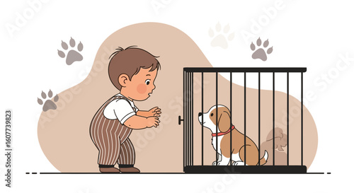 Eager Boy Approaching Puppy in a Cage Drawn Style with Paw Prints