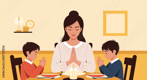 Family Prayer Before Dinner Moment Of Gratitude Illustration Togetherness