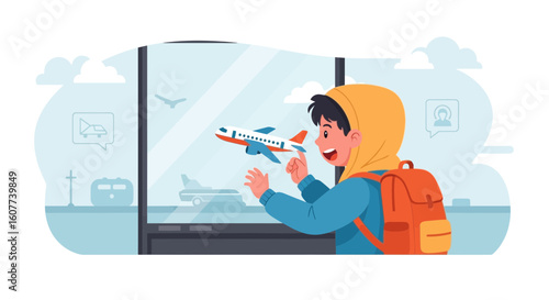 Eager Boy At Airport Gazing At A Passing Airplane Before Flight