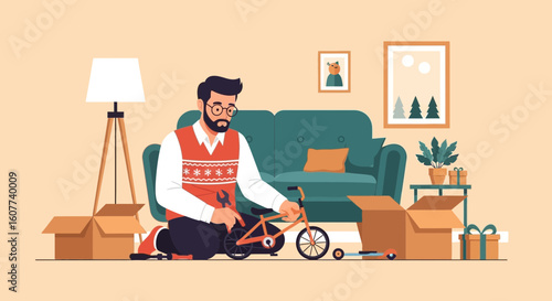 Father Assembling Christmas Bike Present Illustration for Child in Living Room