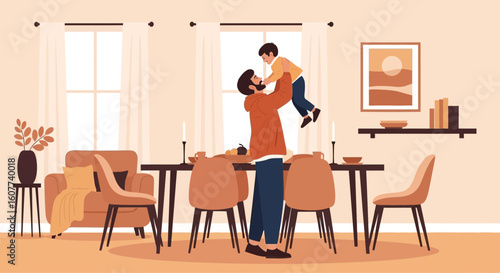 Father And Son Bonding In A Modern Interior Design With Beige Color Palettes