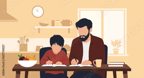 Father Helping His Son With Homework At The Kitchen Table During Day