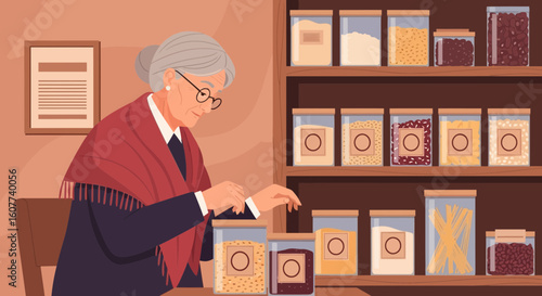 Elderly Woman Organizing Food Supplies On Pantry Shelves At Home