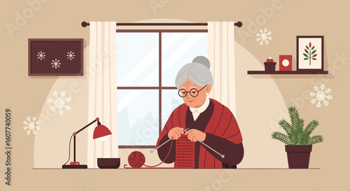 Elderly Woman Knitting Cozy Christmas Scarf at Home in Festive Interior