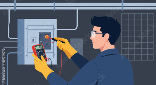 Electrical Technician Performing Maintenance On Electrical Distribution Board System