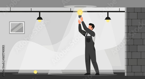 Electrician Changing Light Bulb In Room For Maintenance Services And Lighting