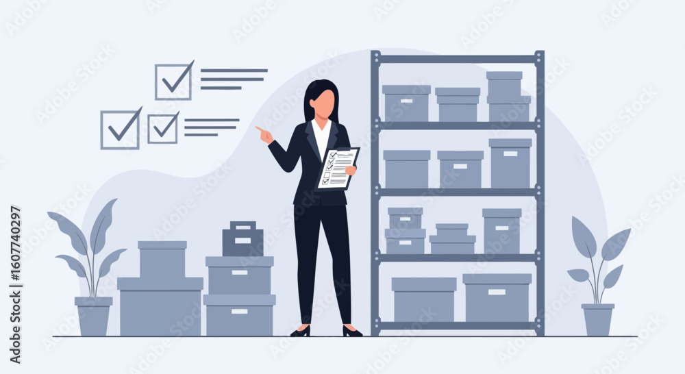 Female Supervisor Inspecting Inventory Levels In Warehouse With Checklist Female Supervisor Inspecting Inventory Levels In Warehouse With Checklist