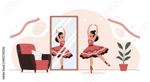 Elegant Ballerina Practicing Dance Moves In Front Of Mirror At Home Studio