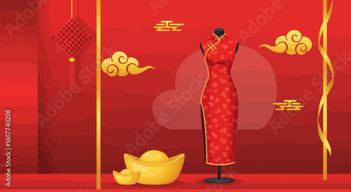 Elegant Cheongsam Dress Display With Golden Ingots For Lunar New Year