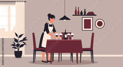 Elegant Dining Room Prepared For a Cozy Dinner Party Illustration
