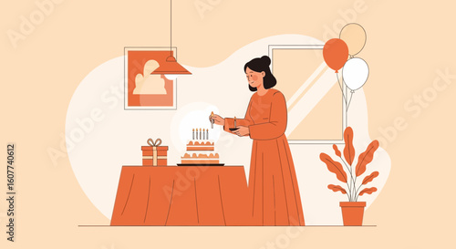 Festive Birthday Celebration Woman Lights Candles on Cake Illustration