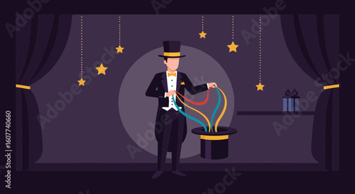 Elegant Magician Performing Magic Show With Colorful Ribbons On Stage