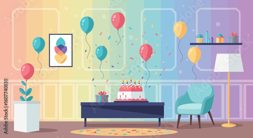 Festive Celebration With Balloons And Cake In A Colorful Room Setting