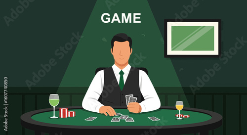 Elegant Poker Game Depicting Player Surrounded By Cards And Gaming Accessories