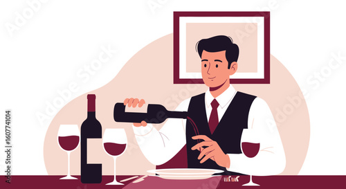 Elegant Waiter Serving Red Wine at an Upscale Dining Establishment