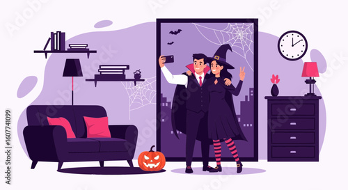 Festive Couple In Halloween Costumes Taking Selfie At Home