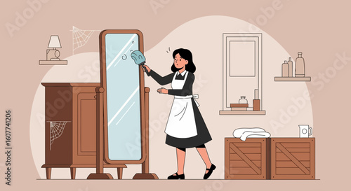 Elegant Woman Dressed as Maid Cleaning Mirror Doing Housework with Feather Duster