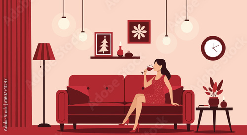 Elegant Woman Enjoys Wine in Her Stylish Minimalist Living Room Illustration