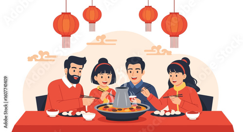 Festive Family Gathering Enjoying Hot Pot Under Chinese Lanterns Decoration
