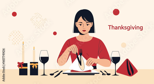 Elegant Woman Preparing Thanksgiving Dinner With Festive Decorations On Table