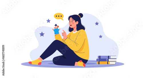 Enchanting Tales Narrated By Woman With Hand Puppet and Colorful Books