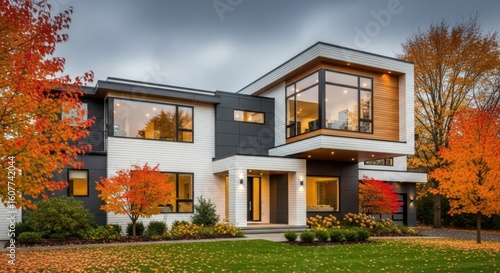 Modern luxury home with vibrant autumn foliage