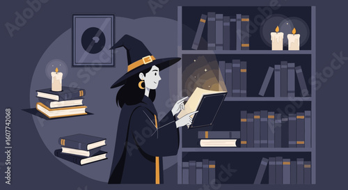 Enchanting Witch Reading Magic Book Spells In The Library At Night Time