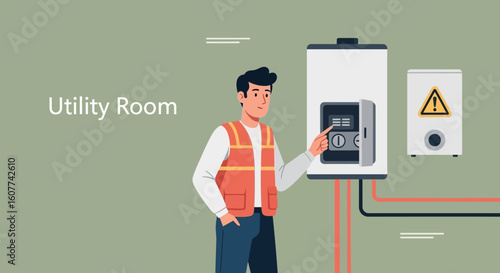 Engineer Checks Electrical Panel In The Utility Room For Maintenance