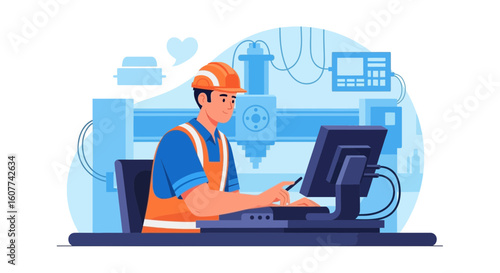 Engineer Programming Industrial Cnc Machine On Computer For Automation Process