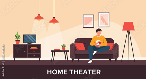 Enjoying Movie Night Relaxing On Sofa With Popcorn In Comfortable Living Room