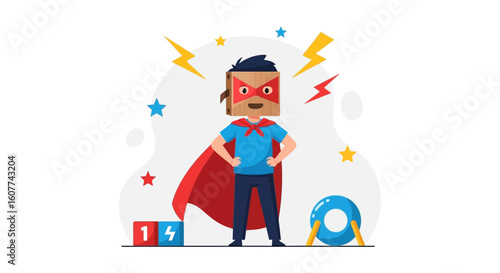 Enthusiastic Child Imagining Himself as a Superhero Wearing a Cardboard Box Mask