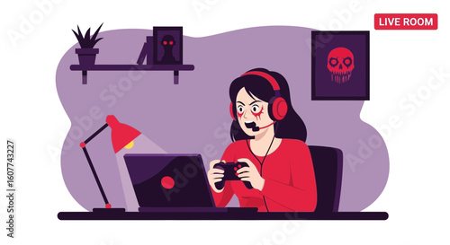 Enthusiastic Female Streamer Plays Video Games In A Spooky Live Room