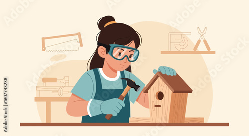 Enthusiastic Girl Constructs Adorable Birdhouse Carpentry Project For Nature And Garden