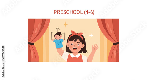 Enthusiastic Girl Performing Puppet Show On Stage In Preschool Classroom