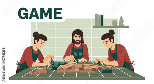 Enthusiastic Hobbyists Strategizing Gameplay Of Miniature Tabletop War Game