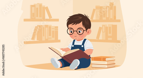 Enthusiastic Little Boy Absorbed In Reading An Interesting Book Inside