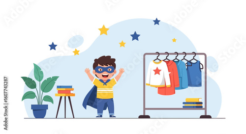 Enthusiastic Little Boy Dressed Up As A Superhero Ready To Fly Away