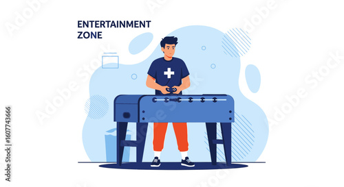 Enthusiastic Young Man Enjoys Playing Table Football in Leisure Time