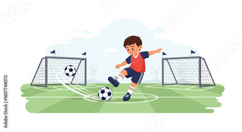 Enthusiastic Youngster Kicking Soccer Ball on Field with Goals During Practice