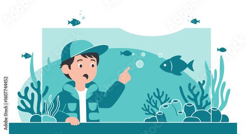 Excited Boy Looking At Fish In Aquarium With Coral And Algae Concept