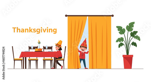 Excited Children Celebrate Thanksgiving At Festive Dinner In Colorful Home