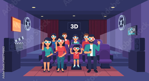 Excited Family Enjoying An Immersive 3D Movie Experience In Cinema Theatre