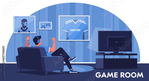 Excited Gamer Celebrating Victory In Home Gaming Room With Modern Setup