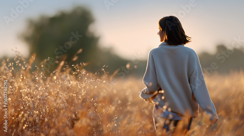 A woman strolls through a golden field at sunset, enjoying the tranquil moment.