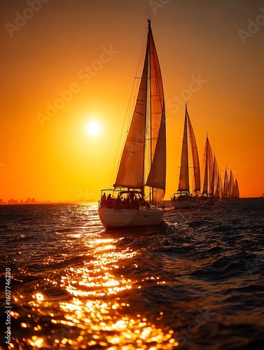 the image displays a fleet of vessels sailing on the water under a vibrant orange sky. these vessels have tall masts and visible sails, with the closest one carrying passengers