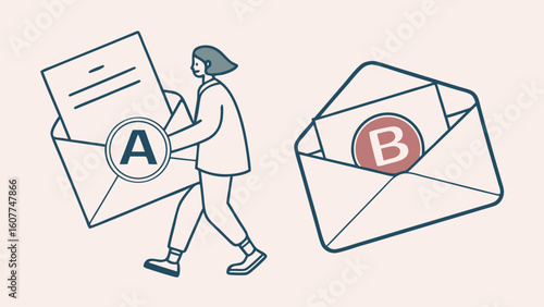 A/B Testing Concept: Person Carrying Large Envelope with 'A' and Second Envelope with 'B'. Email Marketing, User Experience, and Optimization Compa...