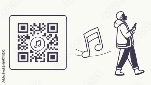 QR Code to Music: Digital Audio Access via Smartphone. Illustration of Person Scanning and Listening to Playlists, Podcasts, or Sound Content with ...